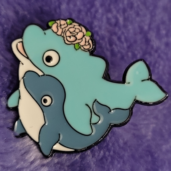Mother & Child Floral Blue Dolphins Enamel Pin - Picture 10 of 10